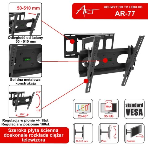 UCHWYT DO TV LED/LCD 23-46" 35KG AR-77 ART reg. pion/poziom 51cm ART