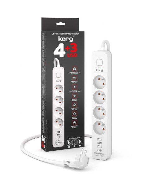 Urządz. zas.-zabezpiecz. KERG z wyłącznikiem-4 gniazda-3USB-biało-szary-5m-16A-H05VV-F-3x1,5mm2 KERG
