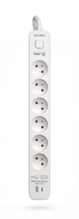 Urządz. zas.-zabezpiecz. KERG z wyłącznikiem-6 gniazd-USBC+USBA-biało-szary-1,5m-16A-H05VV-F-3x1,5mm2 KERG