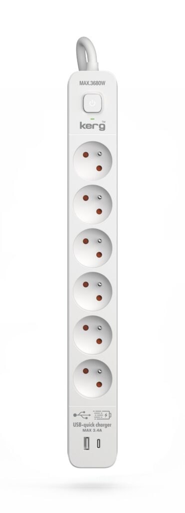 Urządz. zas.-zabezpiecz. KERG z wyłącznikiem-6 gniazd-USBC+USBA-biało-szary-3m-16A-H05VV-F-3x1,5mm2 KERG