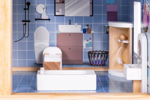 Drewniany domek dla lalek 3 piętra taras z kompletem 15 mebelków ECOTOYS ECOTOYS