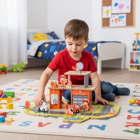 Drewniany garaż zestaw straży pożarnej 2w1 - remiza i wóz 2 piętra figurki pojazdy ECOTOYS ECOTOYS