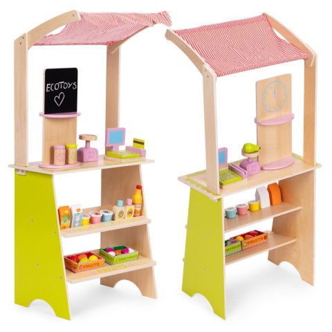 Duży drewniany stragan dla dzieci sklep z terminalem i wagą owoce warzywa 20 elementów ECOTOYS ECOTOYS