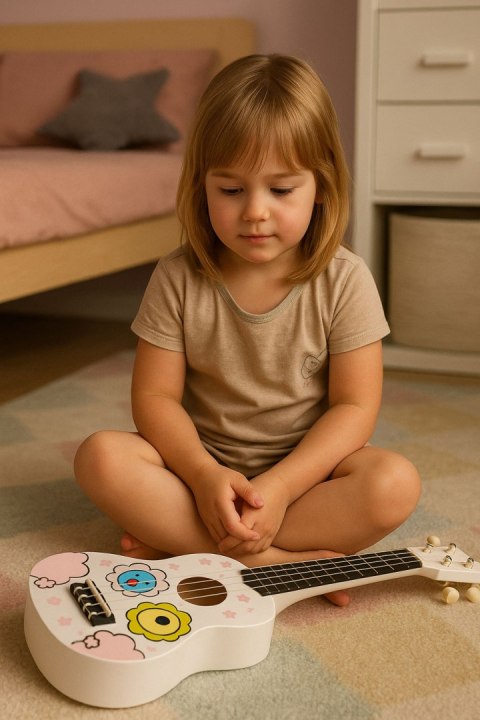 Gitara ukulele dla dzieci drewniana 4 struny nylonowe kostka do gry ECOTOYS ECOTOYS