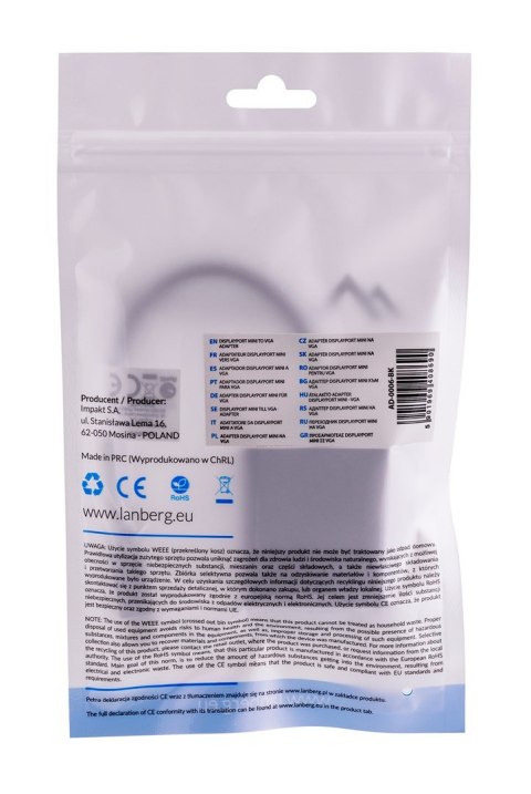 Adapter Lanberg AD-0006-BK (Mini DisplayPort M - D-Sub (VGA) F; 0,20m; kolor czarny) Lanberg