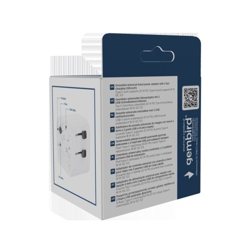 GEMBIRD UNIWERSALNY ADAPTER PODRÓŻNY Z UZIEMIENIEM 20 W, BIAŁY GEMBIRD