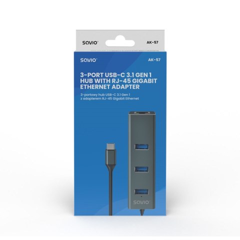 SAVIO AK-57 3-PORTOWY HUB USB-C Z ADAPTEREM RJ-45 SAVIO