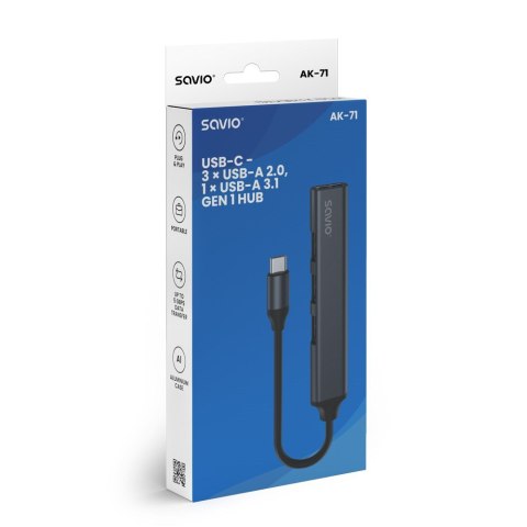 SAVIO HUB USB-A - 3 X USB-A 2.0, 1 X USB-A 3.0, SZARY AK-70 SAVIO