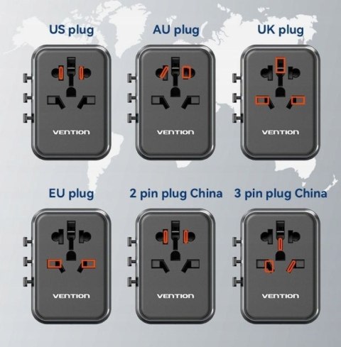 Uniwersalny adapter podróżny z ładowarką Vention 65W GaN 2x USB-A 2x USB-C czarny Vention