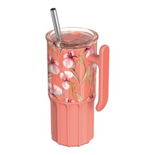 Quokka Umi - Kubek termiczny ze stali nierdzewnej 720 ml ze słomką i silikonową podstawką (Floral Coral) Quokka