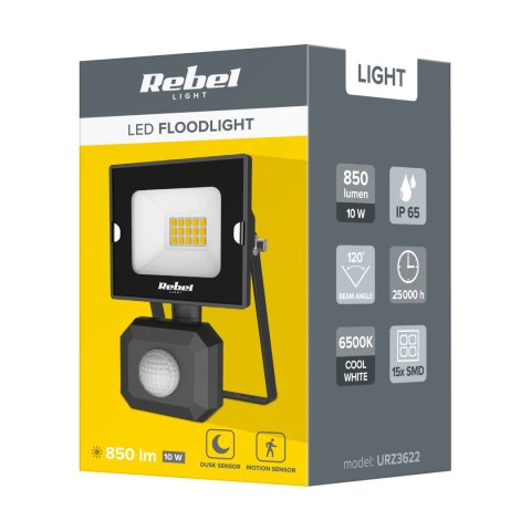 Reflektor LED naświetlacz Rebel 10W z sensorem zmierzchu i ruchu, 6500K, 230V Rebel