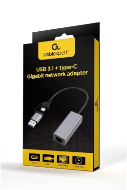GEMBIRD ADAPTER USB TYP 3.1 + USB-C -> LAN RJ45 GIGABIT 15CM GEMBIRD