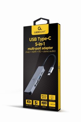 GEMBIRD MULTI ADAPTER USB TYP-C 5W1 (HUB + HDMI + PD + DŹWIĘK STEREO) SREBRNY GEMBIRD