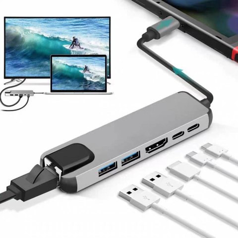 GEMBIRD MULTI ADAPTER USB TYPE-C 5W1 (USB AF AND TYPE-C HUB + HDMI + PD+LAN) SZARY GEMBIRD