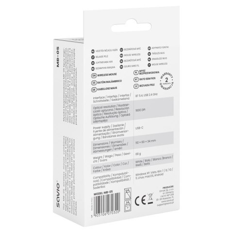 SAVIO MYSZ BEZPRZEWODOWA BT 2.4 GHZ BIAŁA MB-05 SAVIO