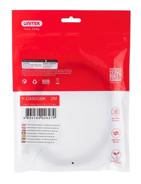 UNITEK PRZEDŁUŻACZ USB 2.0, AM-AF, 2M, Y-C450GBK UNITEK