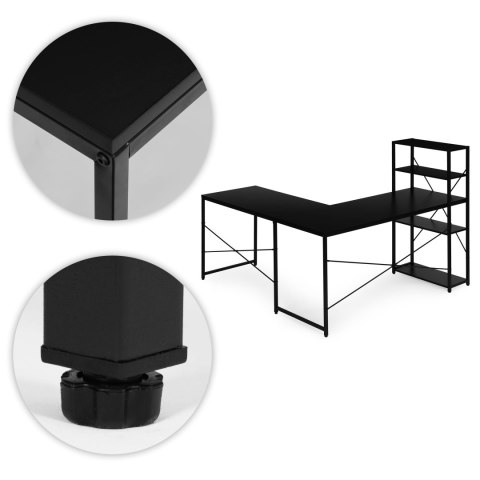 Biurko narożne z regałem 3 półki komputerowe czarne loftowe ModernHome ModernHome