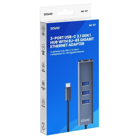 SAVIO AK-57 3-PORTOWY HUB USB-C Z ADAPTEREM RJ-45 SAVIO