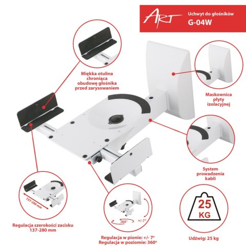 UCHWYT DO GŁOŚNIKÓW zaciskowy biały 25kg 2szt G-04 ART ART