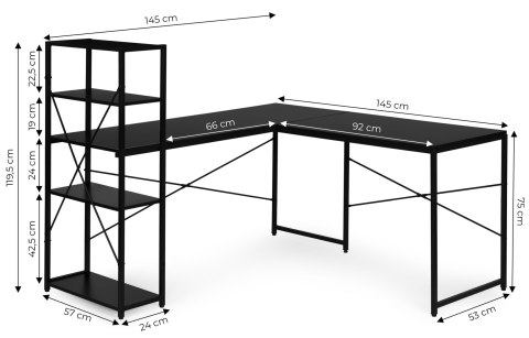 Biurko narożne z regałem 3 półki komputerowe czarne loftowe ModernHome ModernHome