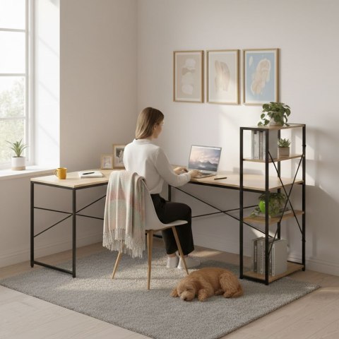 Biurko narożne z regałem 3 półki komputerowe jasny dąb loftowe ModernHome ModernHome