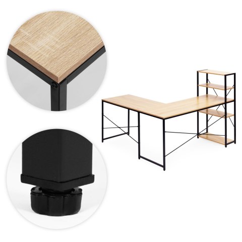 Biurko narożne z regałem 3 półki komputerowe jasny dąb loftowe ModernHome ModernHome