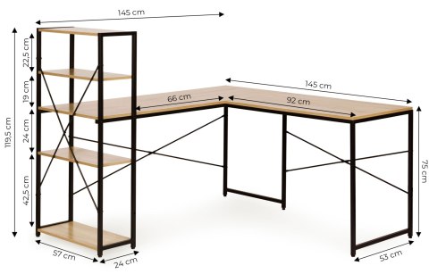 Biurko narożne z regałem 3 półki komputerowe jasny dąb loftowe ModernHome ModernHome