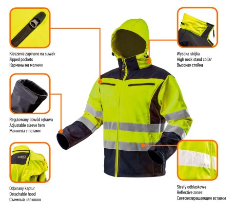 Kurtka robocza ostrzegawcza softshell z kapturem, pomarańczowa, rozmiar XL NEO TOOLS