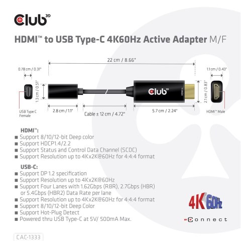 CLUB 3D CAC-1333 adapter kablowy 0,22 m HDMI Typu A (Standard) USB Type-C Czarny Club 3D