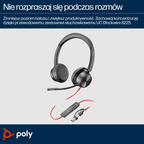 Zestaw słuchawkowy POLY Blackwire 8225 Stereo 8X225AA USB-C z certyfikatem Microsoft Teams + przejściówka USB-C/A POLY
