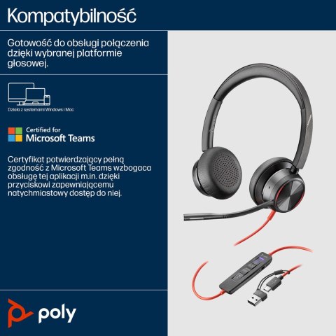 Zestaw słuchawkowy POLY Blackwire 8225 Stereo 8X225AA USB-C z certyfikatem Microsoft Teams + przejściówka USB-C/A POLY