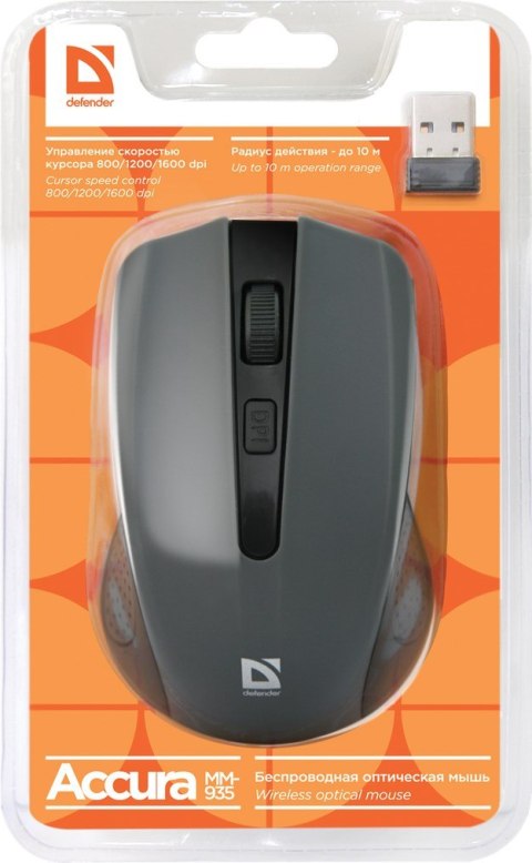 DEFENDER MYSZ BEZPRZEWODOWA ACCURA MM-935 RF SZARA OPTICAL 1600DPI 4P 52936 Defender