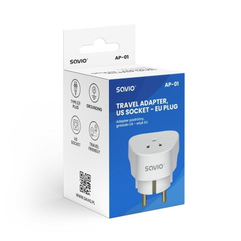 SAVIO ADAPTER PODRÓŻNY, GNIAZDO US - WTYK EU AP-01 SAVIO