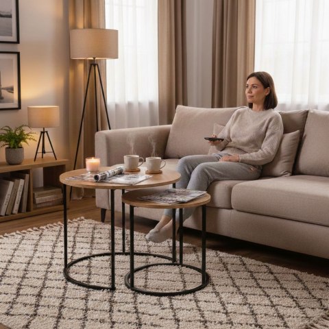 Zestaw stolików kawowych 2 szt. okrągłe jasny dąb loftowe ModernHome ModernHome