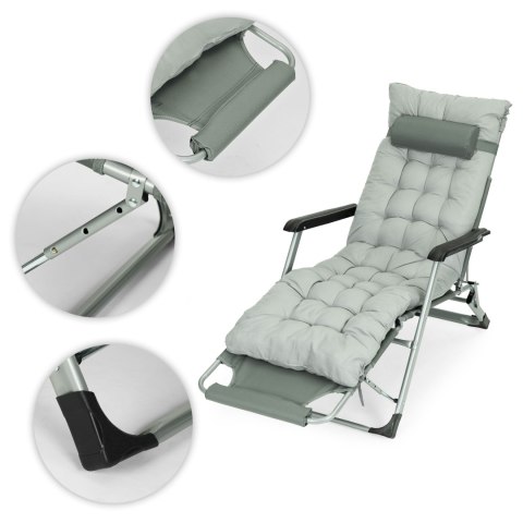 Leżak ogrodowy plażowy 2w1 z poduszką zagłówkiem regulacja podnóżka szary MultiGarden MultiGarden