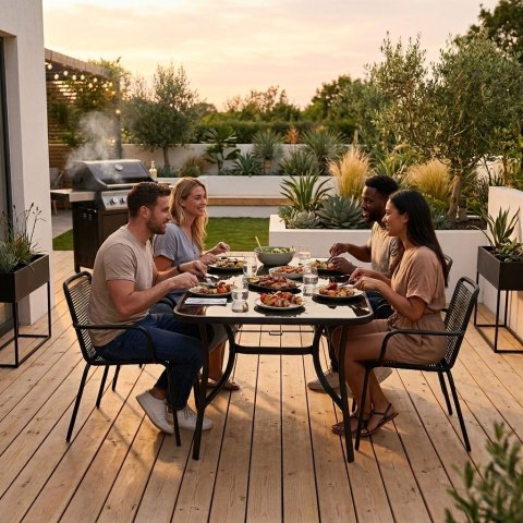 Stół ogrodowy 140x80 cm szkło hartowane otwór na parasol czarny MultiGarden MultiGarden