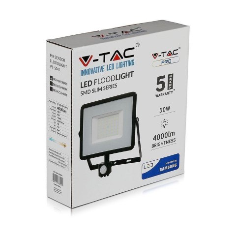 Naświetlacz LED V-TAC 50W SAMSUNG CHIP czujnik ruchu funkcja cut-OFF czarny VT-50-S-B 6400K 4000lm 5 lat gwarancji