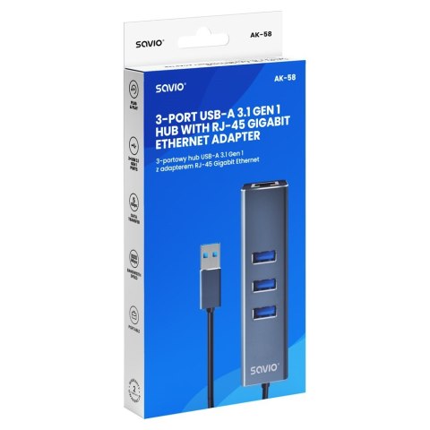 SAVIO AK-58 3-PORTOWY HUB USB-A Z ADAPTEREM RJ-45 SAVIO