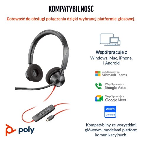 Słuchawki Poly Blackwire 3320 Stereo MS Teams Certified USB-C Headset +USB-C/A Adapter 8X220AA POLY
