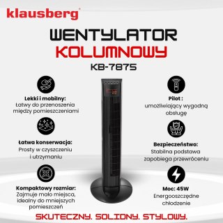 Wentylator kolumnowy, podłogowy, 91cm, z pilotem i wyświetlaczem led, klausberg Klausberg