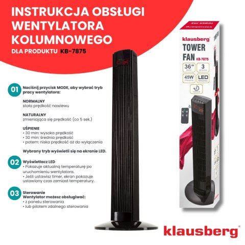 Wentylator kolumnowy, podłogowy, 91cm, z pilotem i wyświetlaczem led, klausberg Klausberg