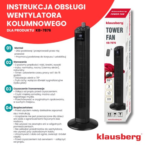 Wentylator kolumnowy z pilotem, czarny, 36 cal, klausberg Klausberg