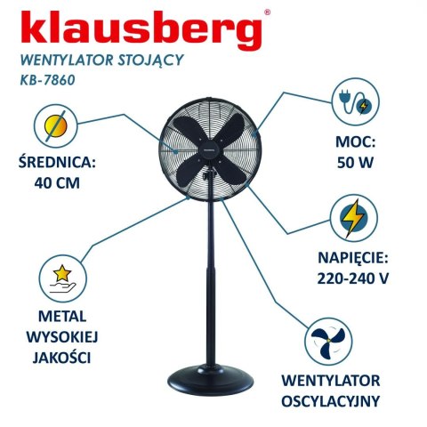 Wentylator stojący, metalowy, czarny, średnica 16 cali, klausberg, kb-7860 Klausberg