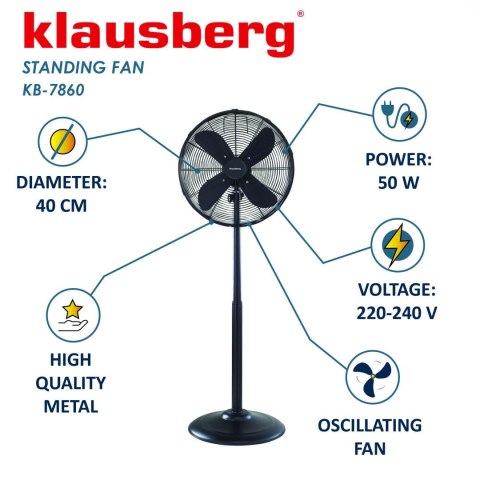 Wentylator stojący, metalowy, czarny, średnica 16 cali, klausberg, kb-7860 Klausberg