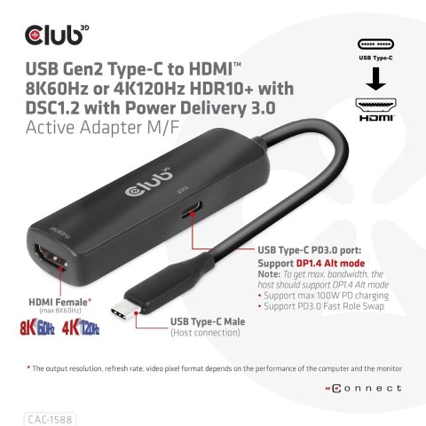 CLUB3D CAC-1588 adapter kablowy 0,17 m USB Type-C HDMI Czarny Club 3D