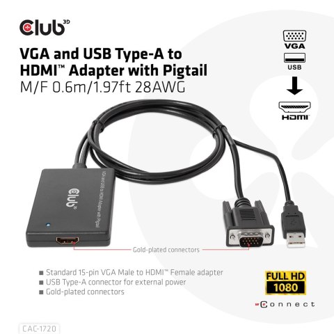 CLUB3D CAC-1720 adapter kablowy 0,6 m HDMI Typu A (Standard) VGA (D-Sub) + USB Czarny Club 3D