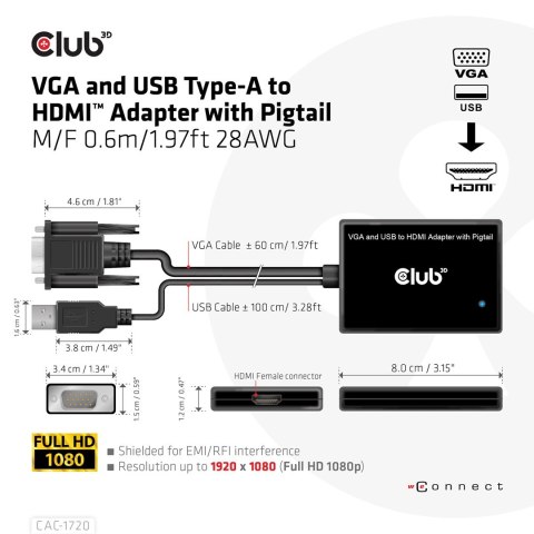 CLUB3D CAC-1720 adapter kablowy 0,6 m HDMI Typu A (Standard) VGA (D-Sub) + USB Czarny Club 3D