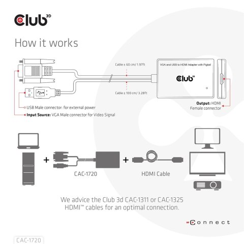 CLUB3D CAC-1720 adapter kablowy 0,6 m HDMI Typu A (Standard) VGA (D-Sub) + USB Czarny Club 3D