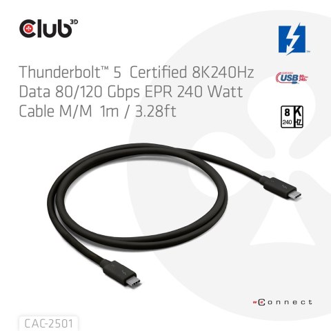 CLUB3D CAC-2501 kabel Thunderbolt 1 m 120 Gbit/s Czarny Club 3D