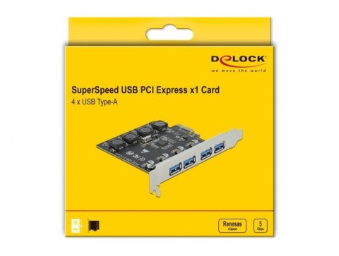 DeLOCK Karta PCI Express x1 do 4 x zewnętrzne USB Typ-A żeński SuperSpeed USB (USB 3.2 Gen 1) DELOCK